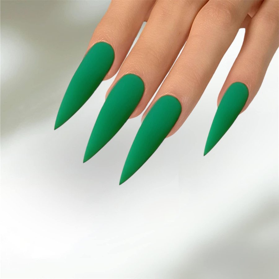 Long stiletto nails in matte emerald green