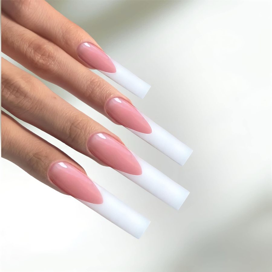 Long square nails with pink base and deep white French tips